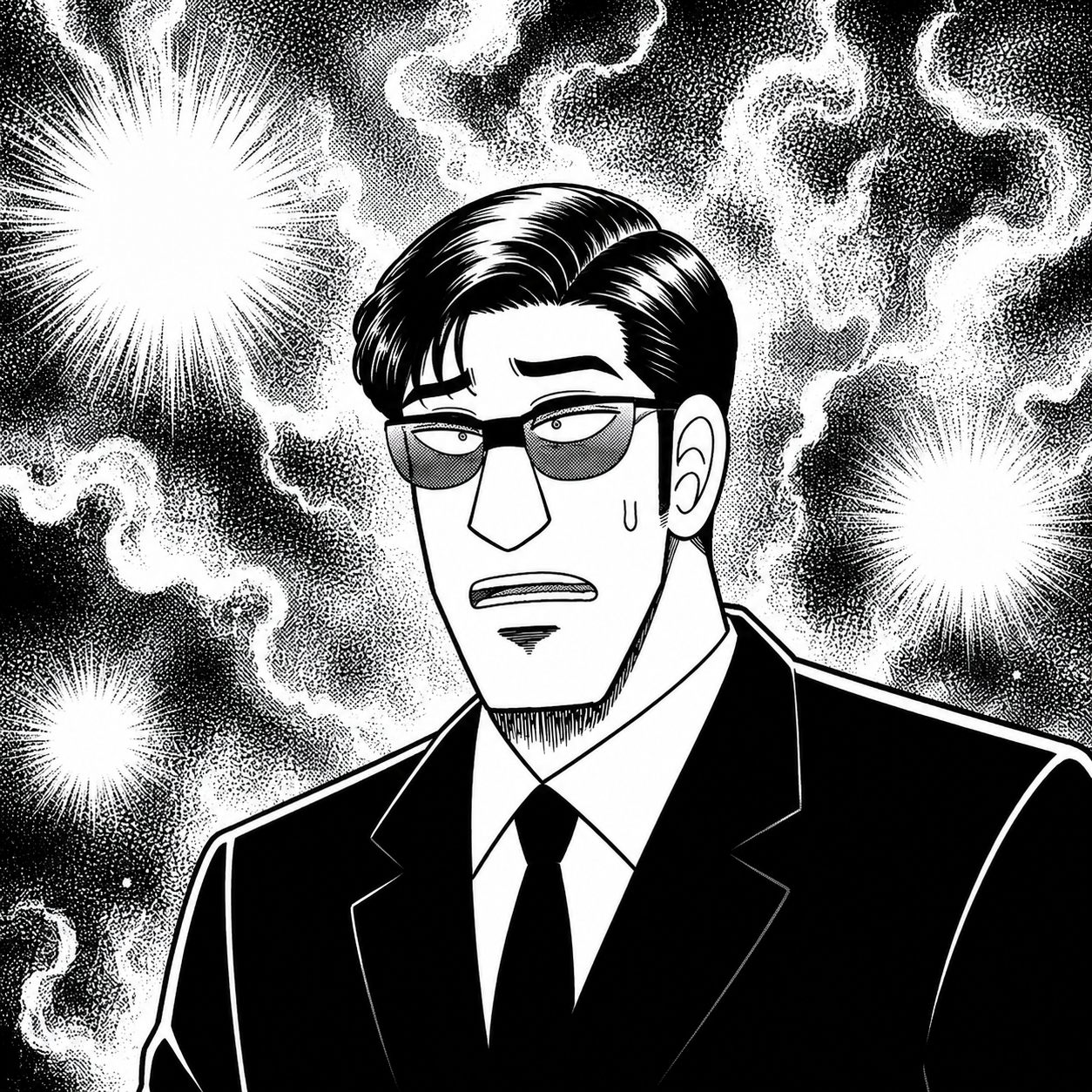 漫画のコマ: 電撃の中で汗をかく黒服