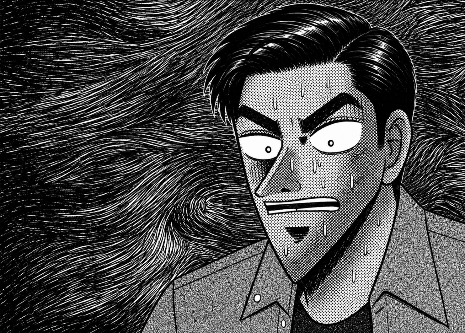 漫画のコマ: 目を見開き汗を浮かべる男