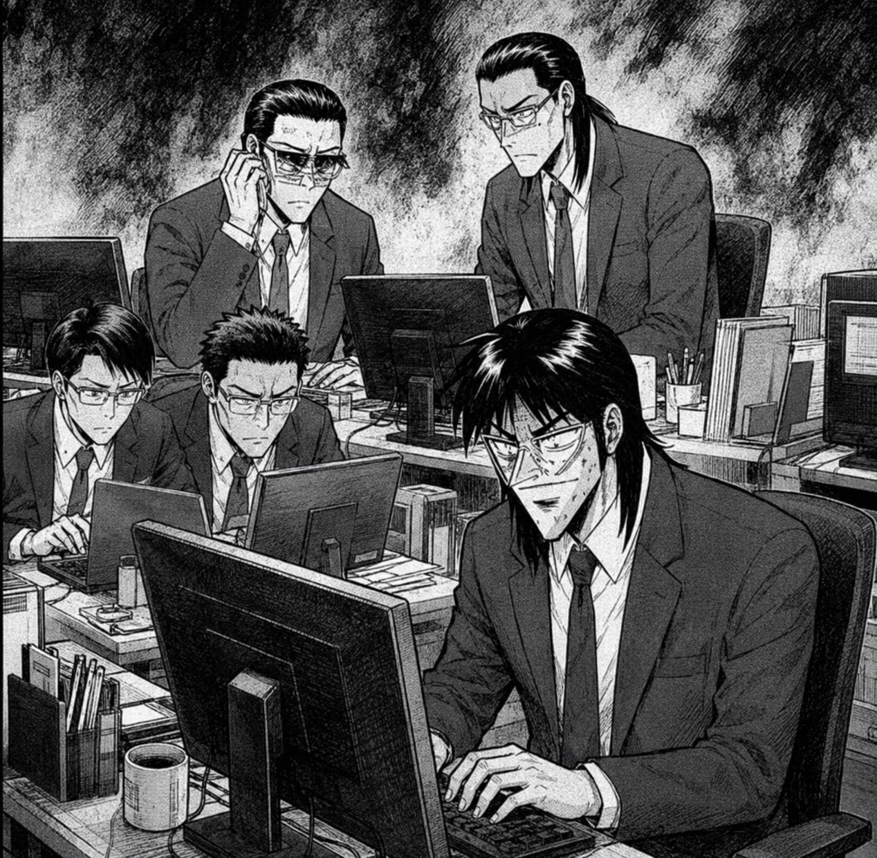 深夜のオフィスでPCに向かう男たちの劇画